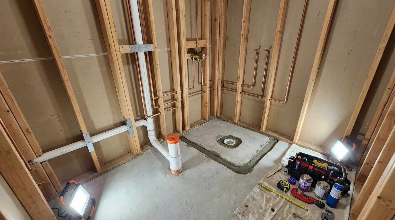 Bathroom rough-in plumbing during remodel by Johns Plumbing LLC in Red Bank