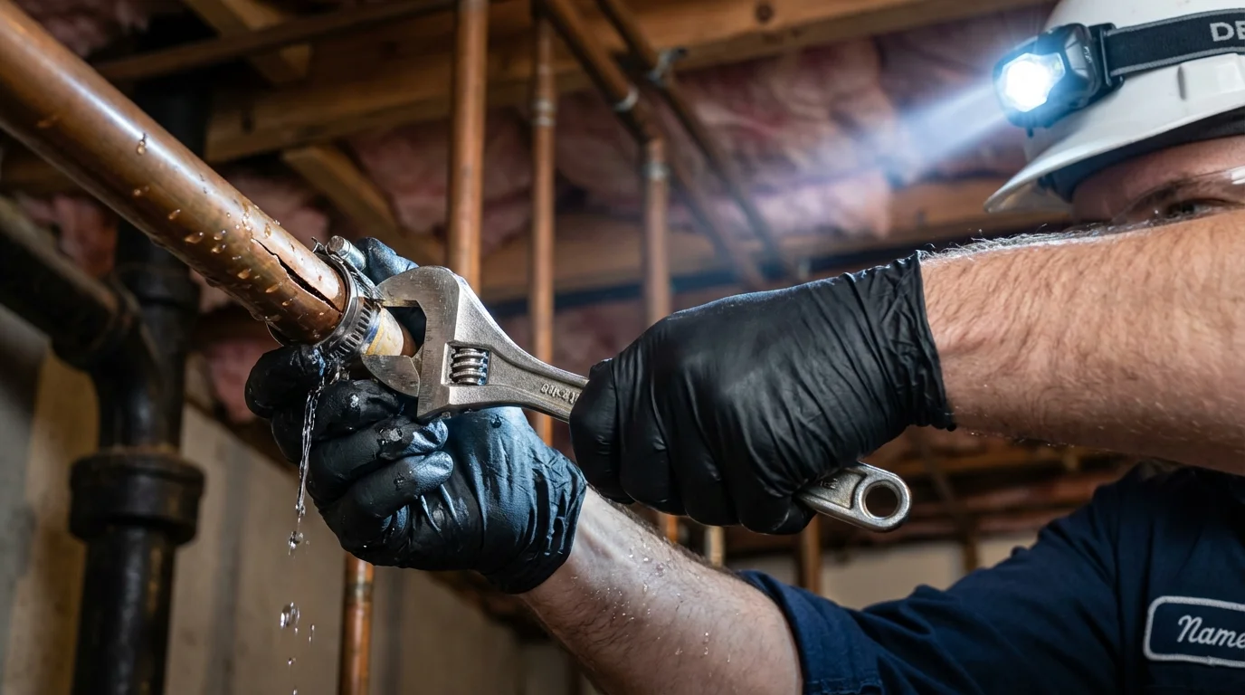 Emergency pipe clamp repair being performed by a Johns Plumbing LLC plumber in Red Bank