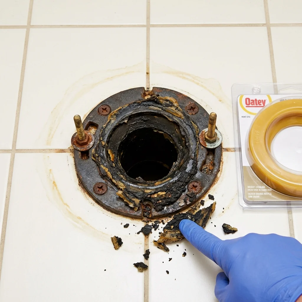 Failed wax ring showing water seepage at the base of a toilet in a Red Bank, NJ home