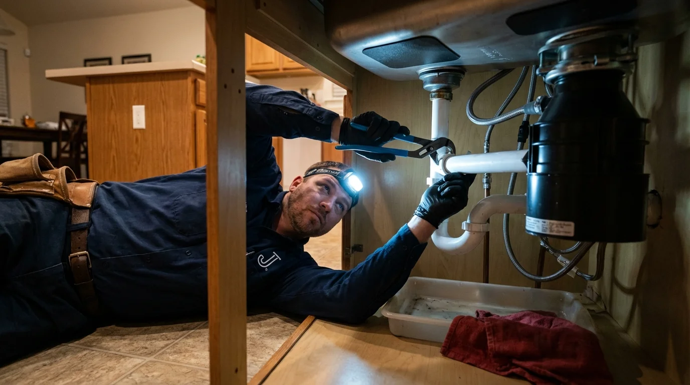P-trap and supply line connections under a kitchen sink showing a common leak point in Red Bank, NJ